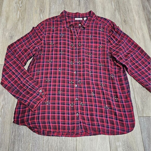 Halogen Embellished Red Plaid Button Up Shirt Blouse Women's Large Holiday - Picture 1 of 7